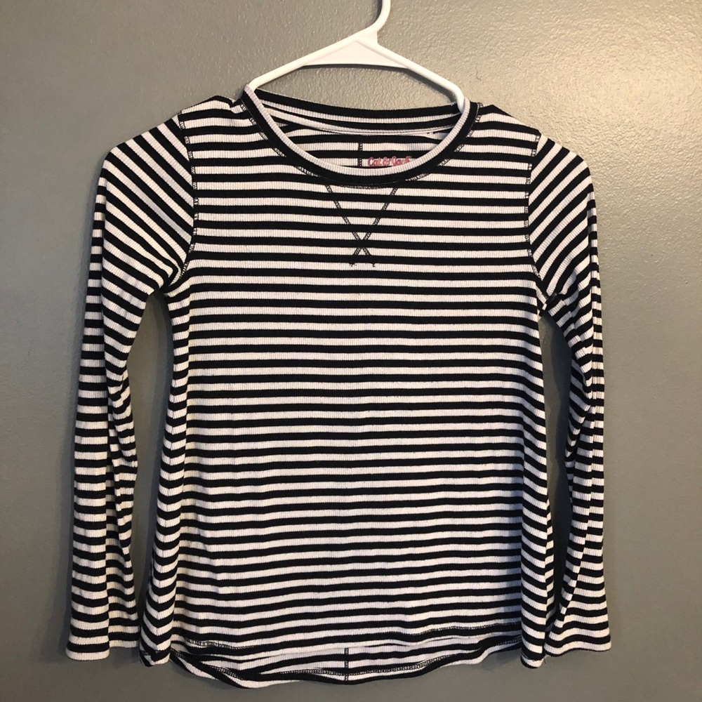 Blue and white striped long sleeved T-shirt